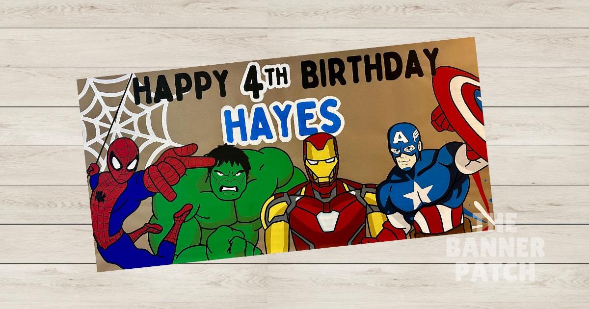 Hand Painted Avengers Inspired Banner | Spider-Man, Captain America, Hulk, Iron Man | Superhero Birthday Party Decor