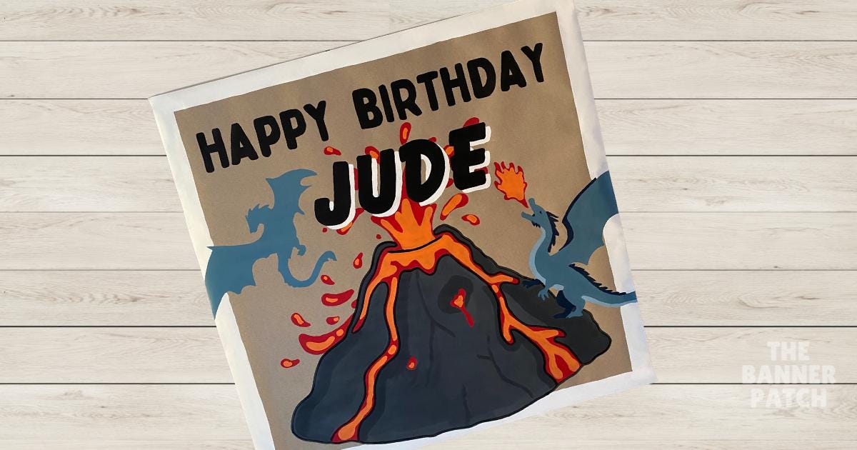 Hand Painted Dragon Volcano Birthday Banner | Fantasy Party Decor