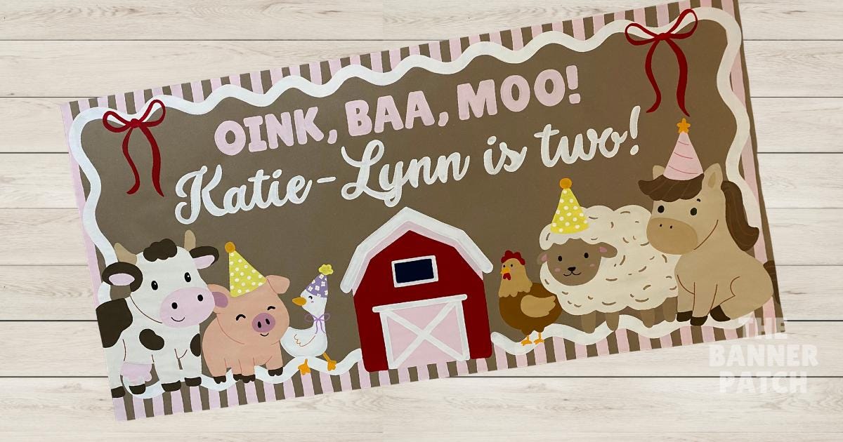 Personalized hand-painted farm animal birthday banner