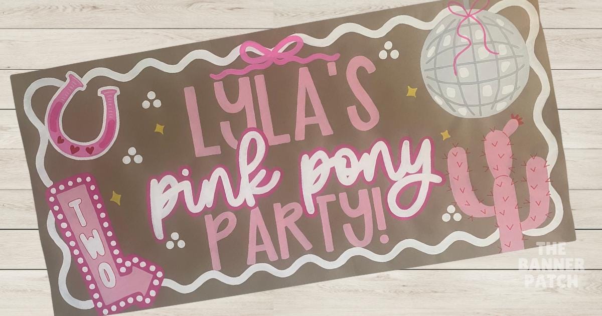 Pink Pony Party Banner | Hand Painted Cowgirl Rodeo Birthday Backdrop | Girls Western Theme Decor
