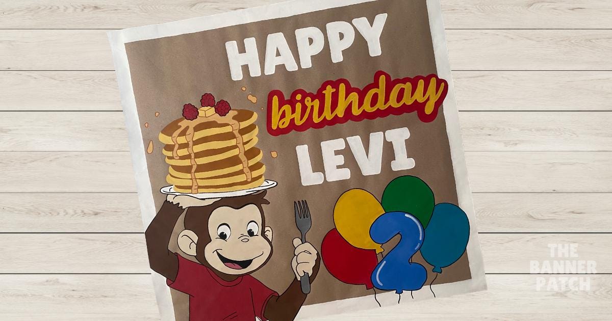 Curious George Pancake Theme Banner | Monkey Birthday or Baby Shower Decor | Hand-Painted Party Sign