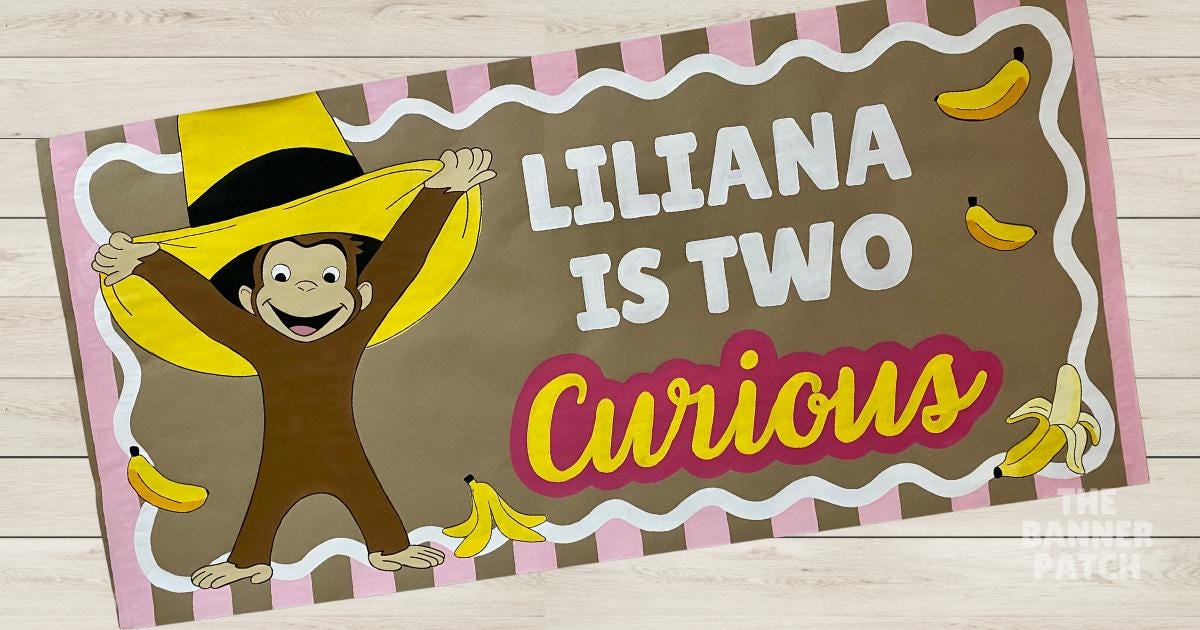 Pink Banana Curious George Banner - Hand Painted Girl Monkey Birthday Decor