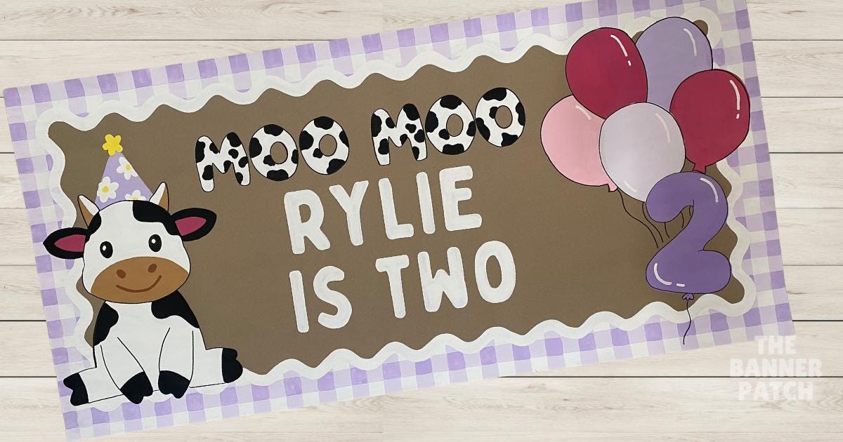 Custom Cow Party Banner - Moo Moo I’m Two, Birthday, Baby Shower