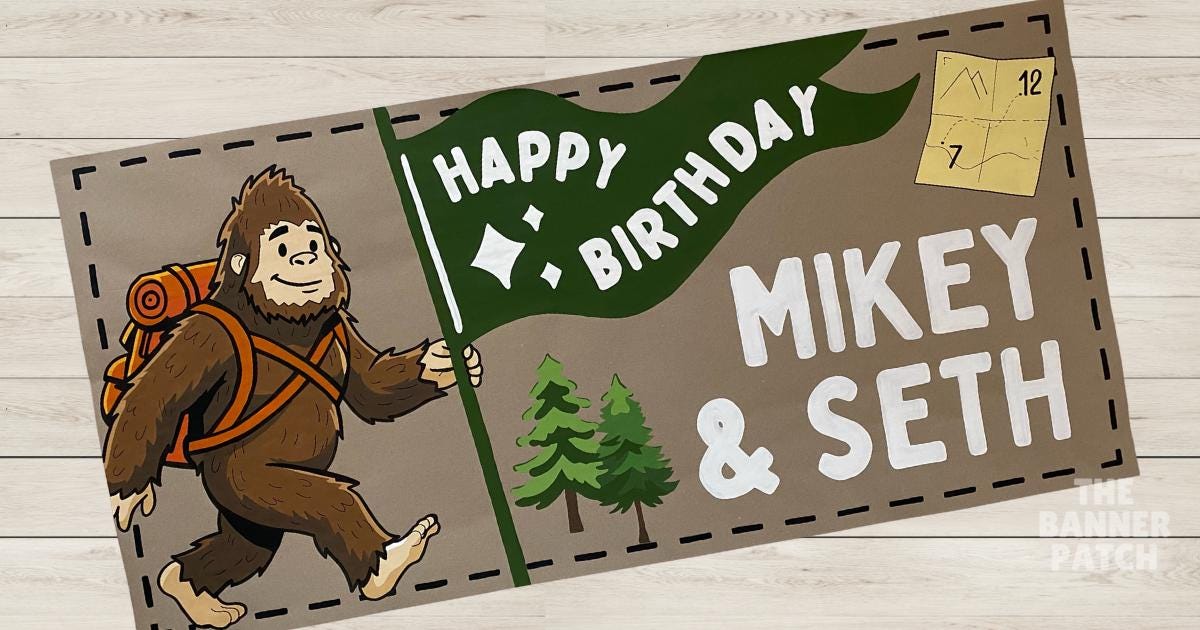 Bigfoot Camping Birthday Banner - Custom Hand Painted Hiking Party Decor