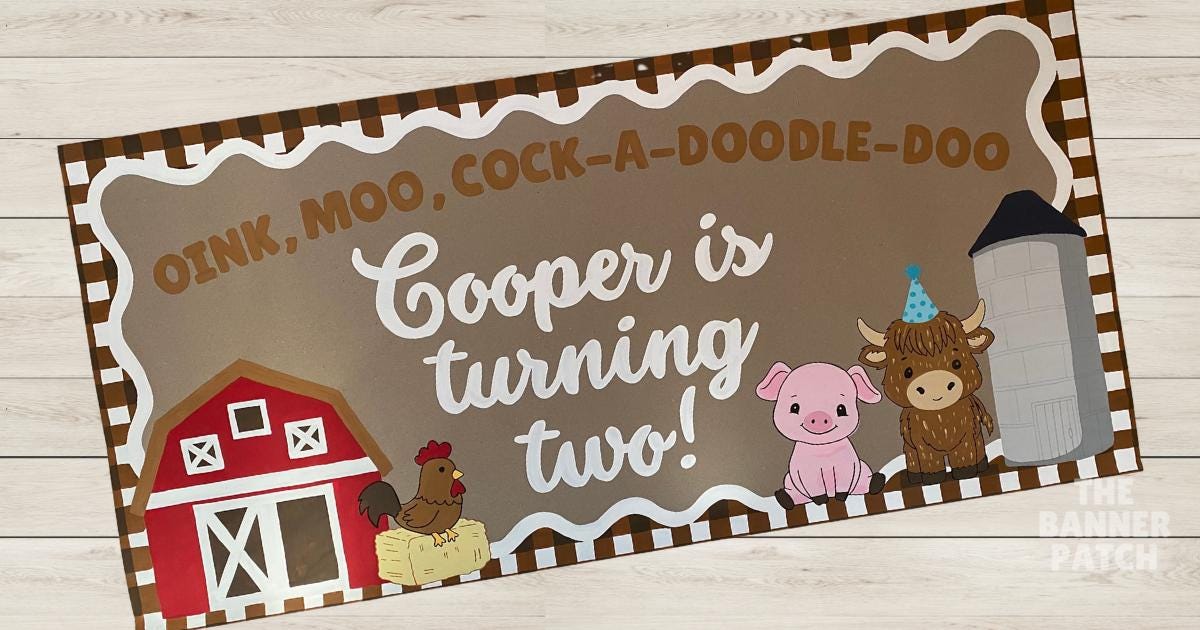 Hand-Painted Farm Animal Birthday Banner, Barnyard Baby Shower or Party