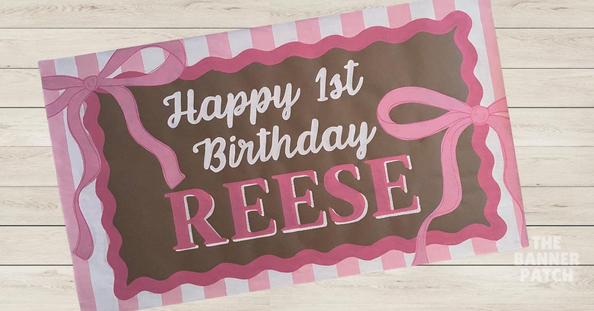 Pink Bow Birthday Banner - Custom Hand Painted Preppy Party Decor