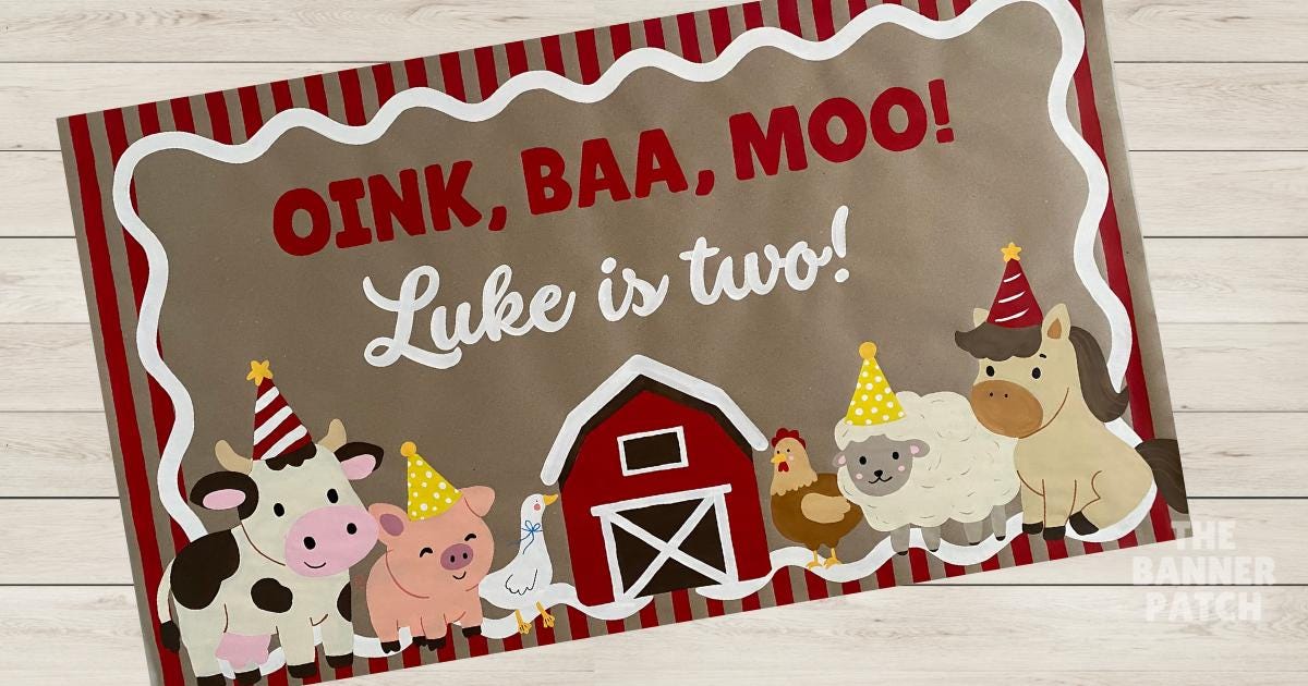 Hand Painted Red Barn Farm Animal Birthday Banner | Custom Barnyard Party Decor
