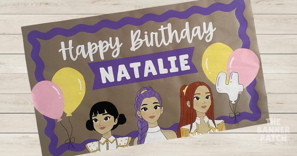Hand Painted KPop Demon Hunters Inspired Birthday Banner - Custom Party Decor