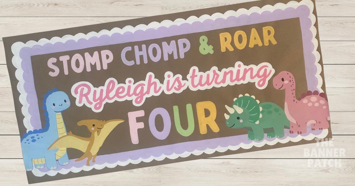 Pink and Purple Pastel Dinosaur Birthday Banner, Stomp Chomp Roar Banner