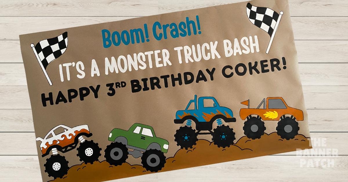 Hand Painted Monster Truck Banner, Custom Birthday Sign