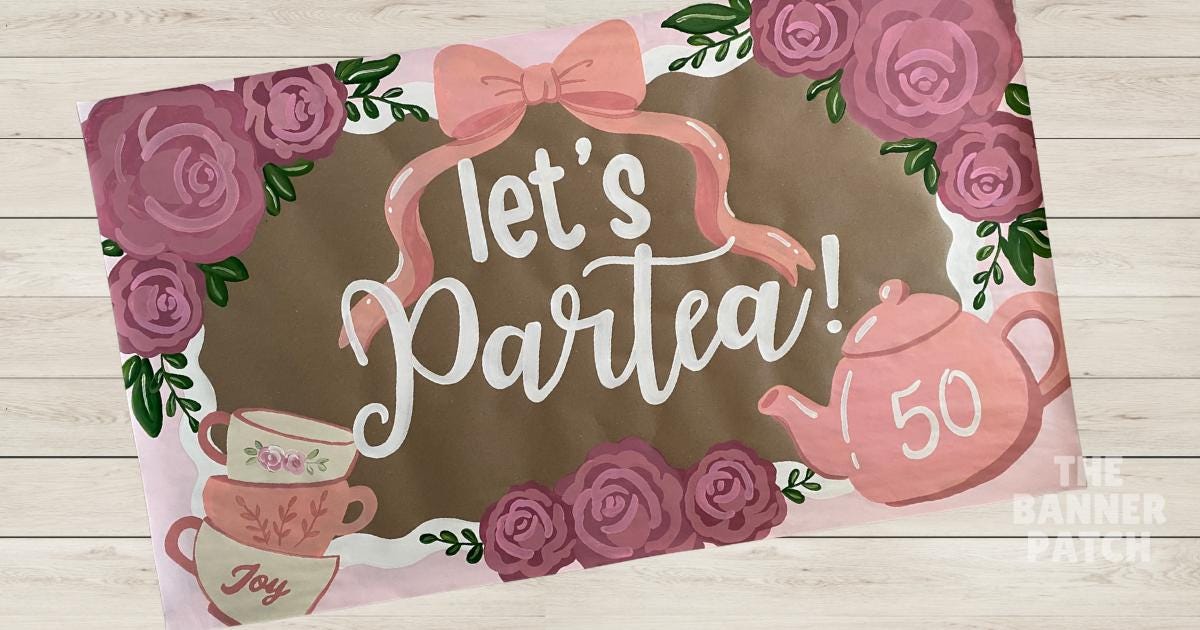Hand-Painted Tea Party Banner | Floral PARTEA Custom Birthday Bridal Shower Sign