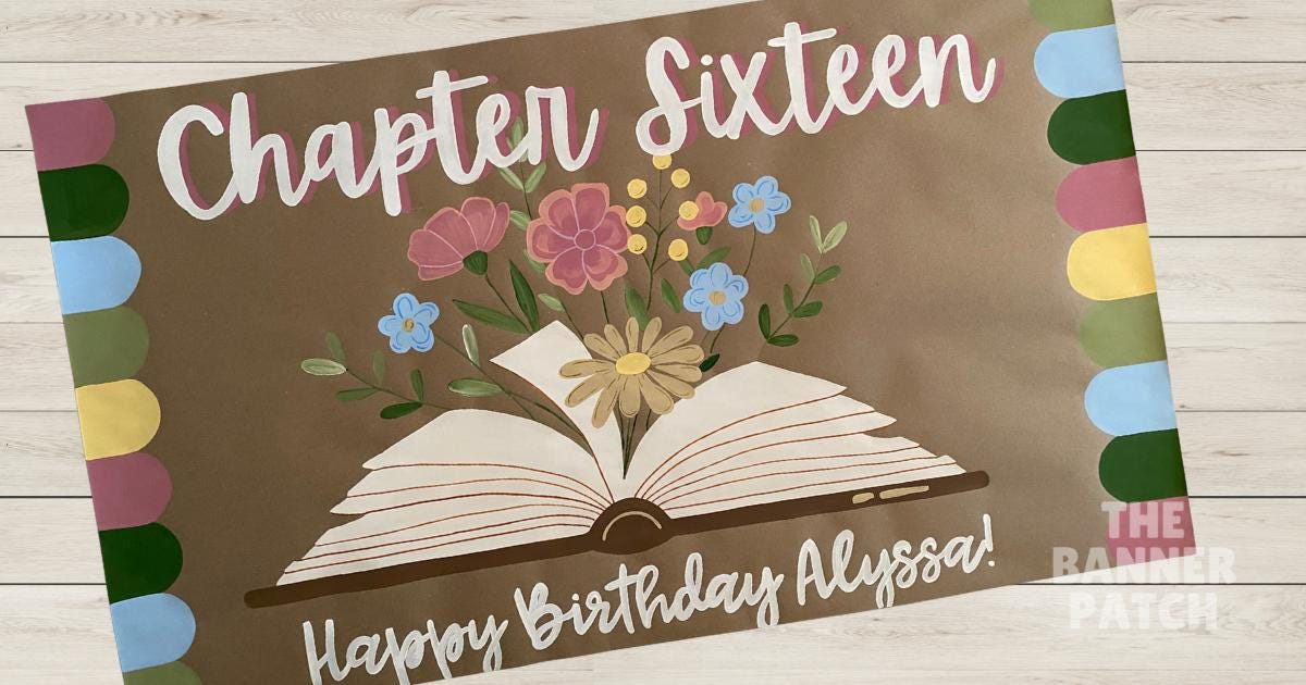 Custom Book Birthday Banner - Chapter Sixteen, Storybook, Library