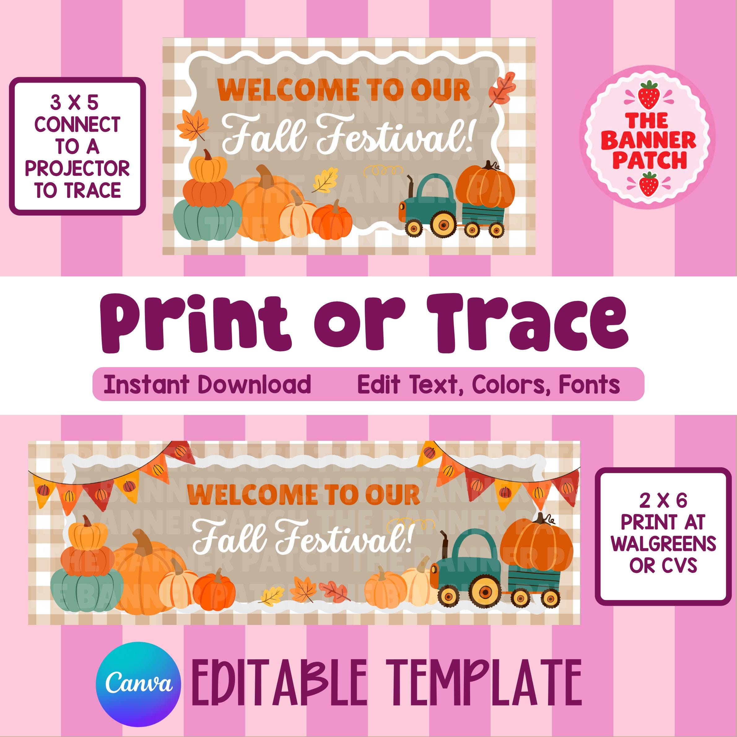 Fall Festival/Harvest Festival Banner Template- Print OR Trace- Digital Download, Canva Editable