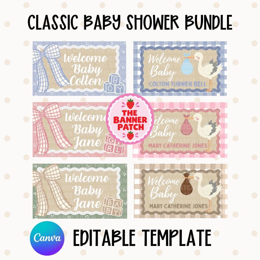 Classic Baby Shower Banner Template Bundle- Digital Download, Canva Editable