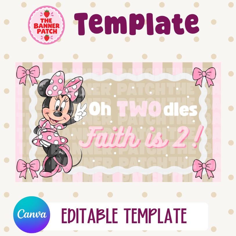 Minnie Mouse Oh TWOdles Banner Template- Digital Download, Canva Editable