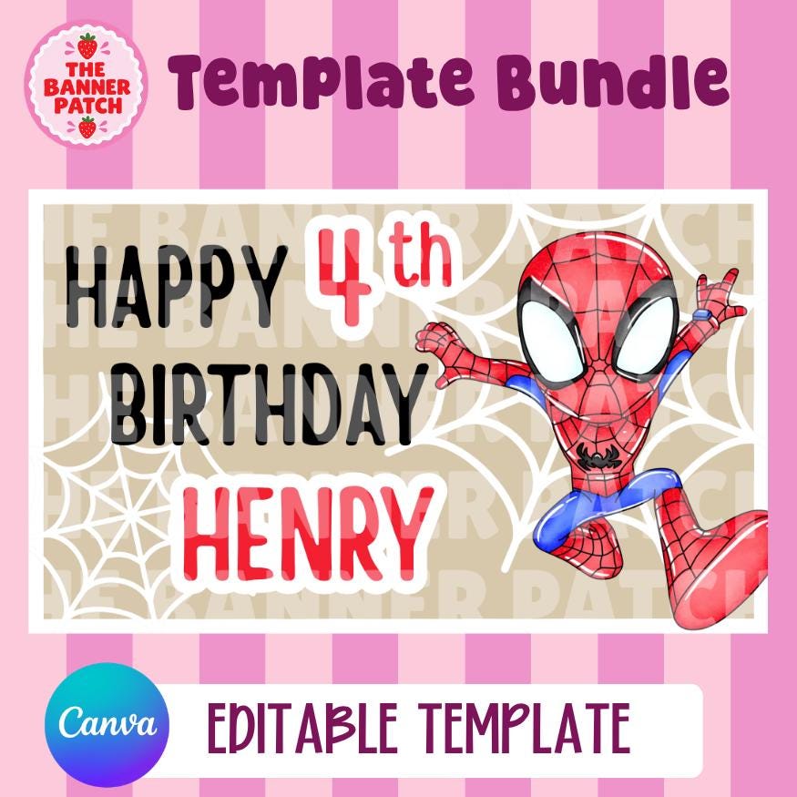 Spiderman Inspired Birthday Banner Template- Digital Download, Canva Editable