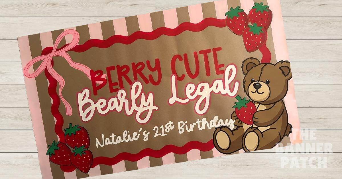 Custom Teddy Bear Strawberry Birthday Banner – Berry Cute - Pick Any Age!