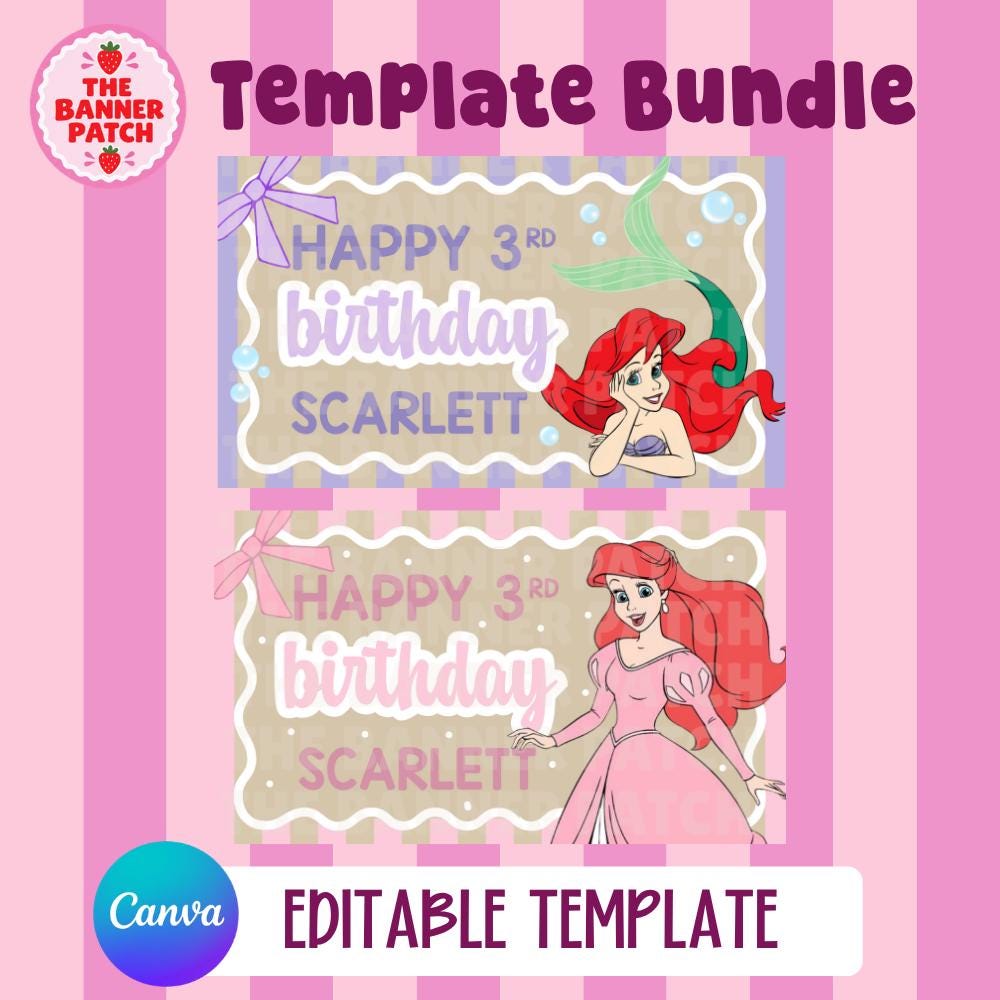 Ariel Little Mermaid Inspired Birthday Banner Template- Digital Download, Canva Editable
