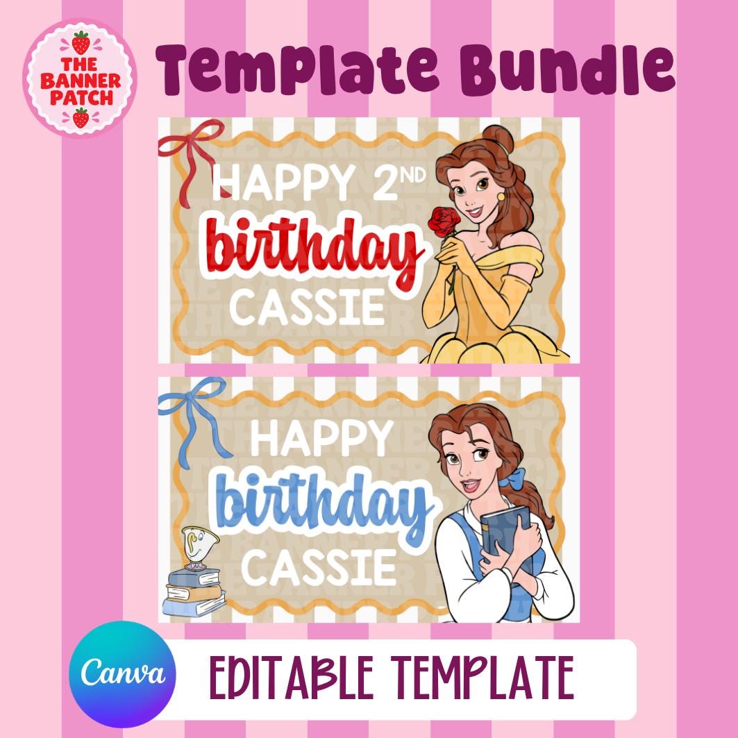 Belle Beauty and the Beast Inspired Birthday Banner Template- Digital Download, Canva Editable