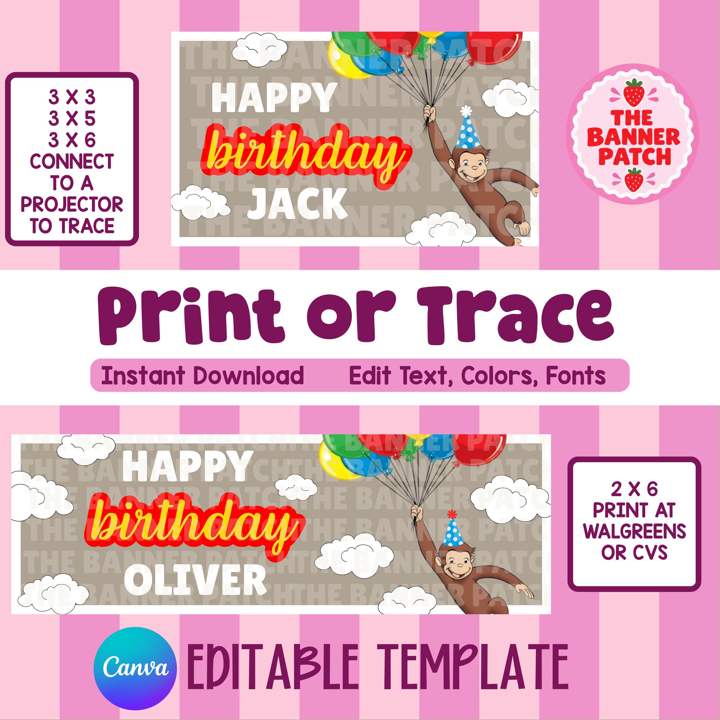 Curious George Inspired Birthday Banner Template - Print OR Trace Bundle - Editable Canva Digital Download
